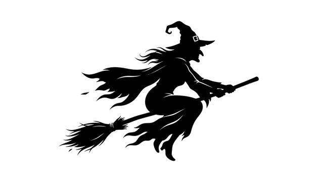 Helloween Halloween Witch Flying on Broomstick Silhouette. Spooky Witches Flying on Brooms. Vector Witch Flying Silhouettes. Halloween Characters and Witches vactor