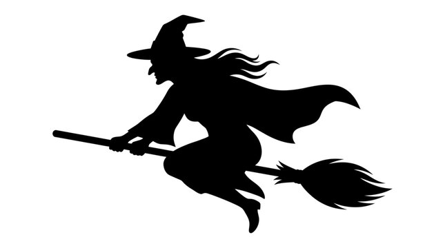 Helloween Black witch silhouette flying on broomstick. Halloween vector illustration. Spooky female sorceress character outline. Magic fantasy figure. Isolated flat design icon symbol. vactor