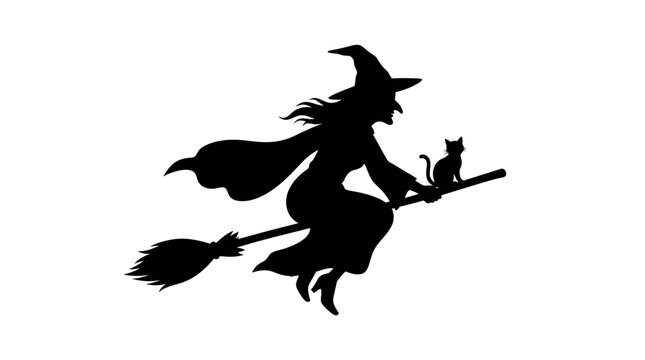 Helloween Witch and Black Cat Silhouette Flying on Broomstick. Halloween Witch Vector Illustration. Black Magic Sorceress Flying with Black Cat on Stick. Magical Halloween Character Art vactor