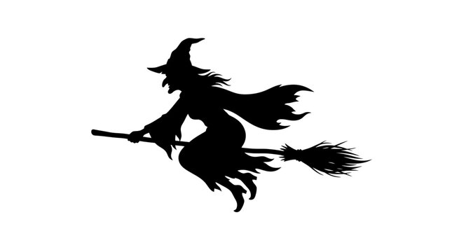 Helloween Vintage Witch Flying Silhouette. Spooky Halloween Vector Graphic. Black Sorceress Riding Broomstick Icon for Night Season Celebrations and Festival Decor vactor