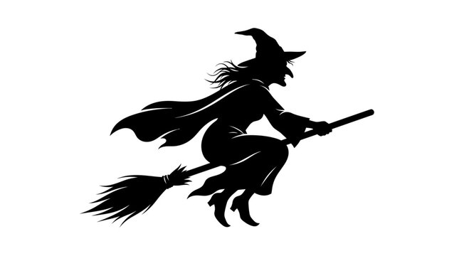 Helloween Silhouette of Flying Witch, Halloween Vector Graphic, Black Shape on White Background, Spooky Symbol, Magic Character Illustration vactor