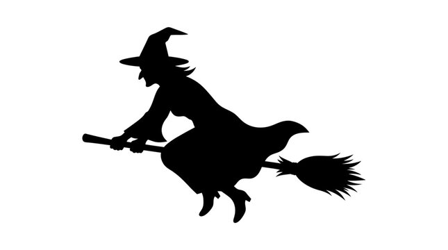 Helloween Witch flying on broomstick silhouette. Halloween magical character design, spooky vector icon. vactor