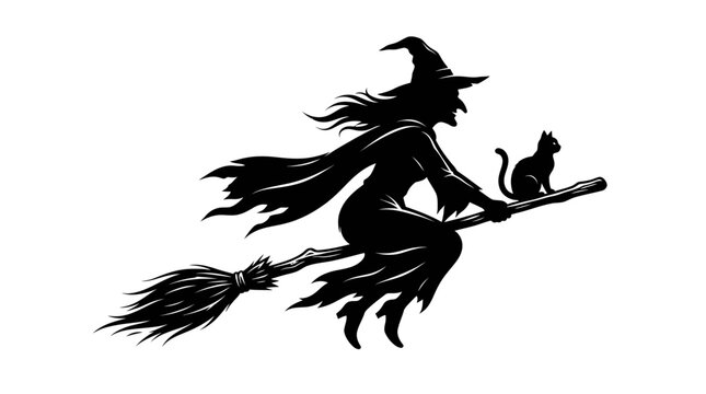 Halloween Spooky Witch on Broomstick with Black Cat Silhouette, Halloween Magic Illustration vactor