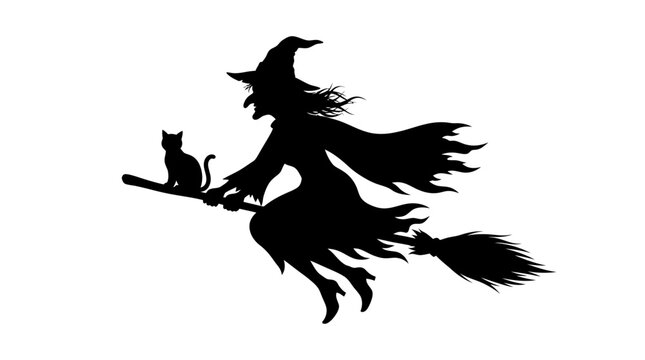 Helloween Two Witch Silhouettes Flying on Brooms With Black Cat. Vector Halloween Set. Magic Fantasy Characters for Celebrations vactor