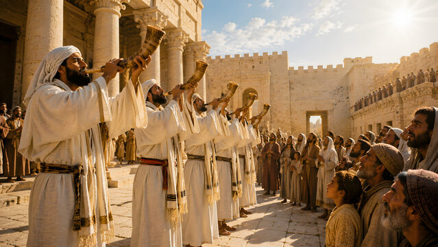 Ancient israelites blowing shofar horns in front of the temple in jerusalem