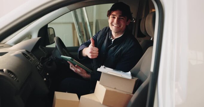 Tablet, boxes and face of delivery man with thumbs up, logistics or distribution for b2c freight in van. Package, portrait and happy courier with tech for supply chain, approval and order in vehicle
