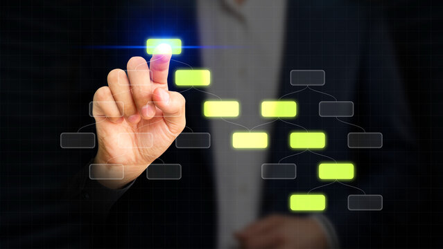 Decision Tree Analysis. Businessman Analyzing Strategy with Flowchart on Virtual Screen. Strategic Planning, Business Decision Making, Process Optimization, Risk Assessment, Workflow Management