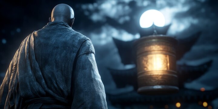 Spiritual monk standing in meditation under moonlight near ancient temple lantern