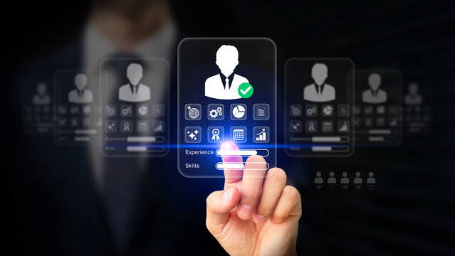 Recruitment Process in HR Management. Businessman Using AI to Filter Talent, Analyze KPI Data, Review Candidate Resume on Virtual Screen. Job Interview, Select Top Talent Profiles, Digital Hiring