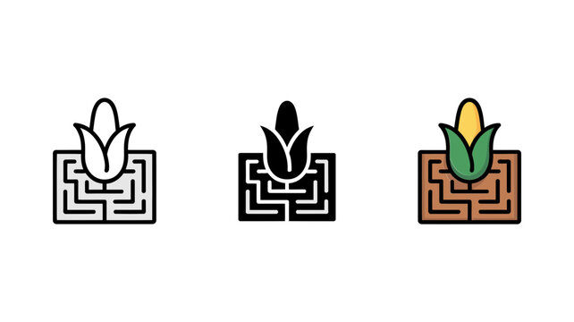 Corn maze icon set, 3 agriculture field vectors, autumn farm labyrinth art Editable Vector