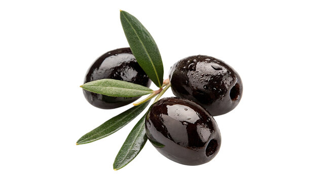 Ripe black olives on a small green branch isolated on transparent background for organic food and oil product