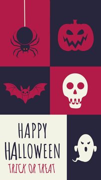 Halloween Grid Collage. Vertical seamless looping animation with a grid collage of pumpkins, skulls, bats, spiders, ghosts, and "HAPPY HALLOWEEN" text in red, navy, and cream. Ideal for reels.