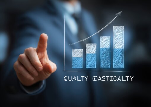 Business executive pointing at increasing bar chart showing improved quality and efficiency growth projection with business analysis corporate executive performance strategy management