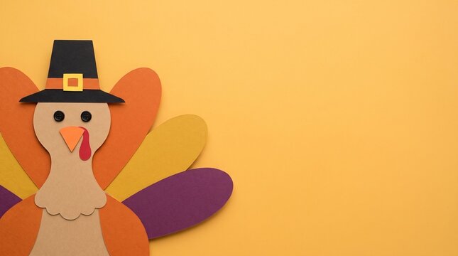 A cute cartoon turkey wearing a pilgrim hat isolated on a plain yellow background for thanksgiving holiday design