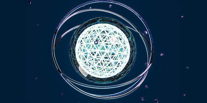 glowing white sphere surrounded by metallic rings floating in dark blue space with small bubbles abstract three dimensional digital art illustration graphic concept