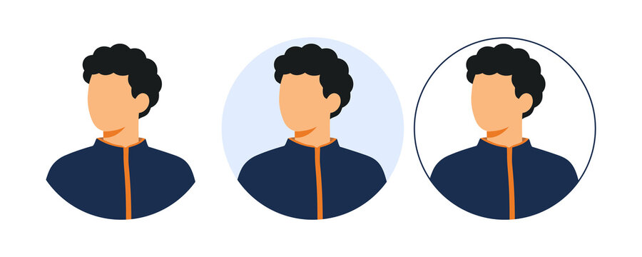 Minimalist male avatar set featuring curly hair dark clothing and circular backgrounds for social media profiles and web design isolated on transparent background.
