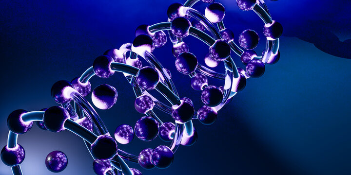 abstract purple molecule structure constructed with glowing spheres and metallic rings floating over deep blue backdrop biological science macro representation three dimensional rendering