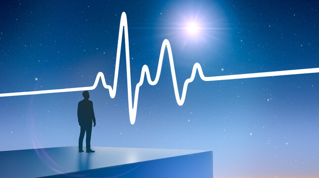 Professional businessman silhouette standing on solid block looking toward giant glowing medical heartbeat pulse line projected against dark blue starry night sky