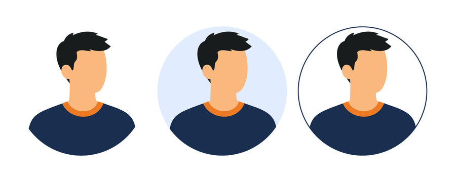 Short hair male avatar pack with dark blue t-shirt and orange collar for modern digital platform users and professional profiles isolated on transparent background.