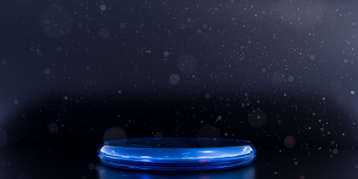 empty round blue glass podium resting on dark reflective surface surrounded by floating glowing dust particles perfect for product placement three dimensional rendering