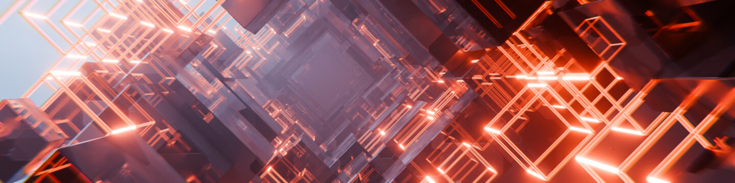 abstract glowing orange neon cubic tunnel constructed with dark metallic blocks creating futuristic digital science fiction interior architecture three dimensional rendering