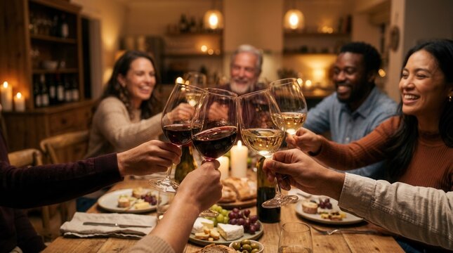 Friends toasting wine glasses at a cozy table during an evening gathering for beverage branding and hospitality marketing.