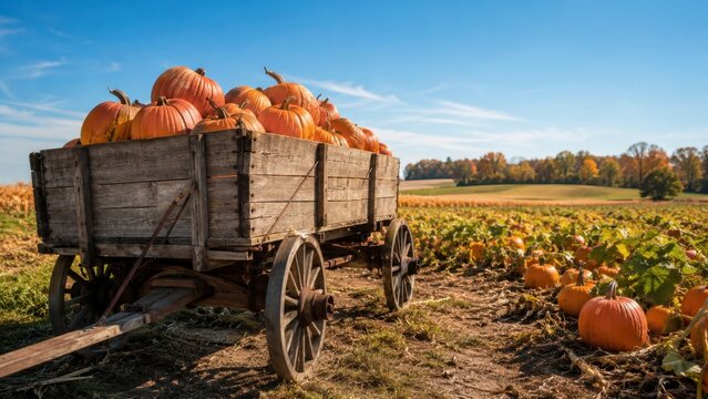Rustic wooden wagon filled with ripe pumpkins in sunny autumn field during seasonal harvest