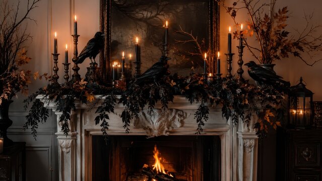 Dark Halloween fireplace mantel with black candles ravens and autumn decorations in elegant interior