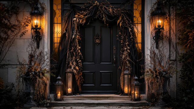 Elegant black Halloween front door with lanterns candles and dramatic seasonal entrance decor