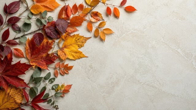 Autumn colorful leaves arranged on stone background with natural seasonal copy space for elegant design
