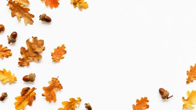 Autumn oak leaves and acorns arranged on white background with elegant seasonal copy space