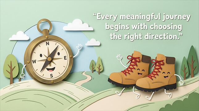 Cute paper-cut art style vector featuring animated compass and hiking boot characters walking on a scenic trail with the quote "Every meaningful journey begins with choosing the right direction."