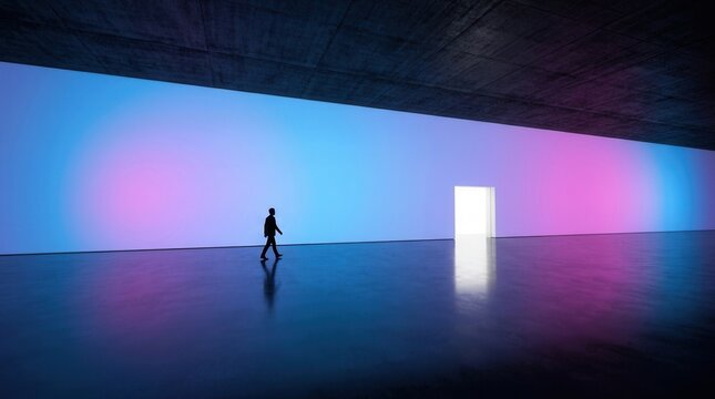 Business person walks through vast futuristic interior with soft blue and pink glow, reflective floor, and large copy space.