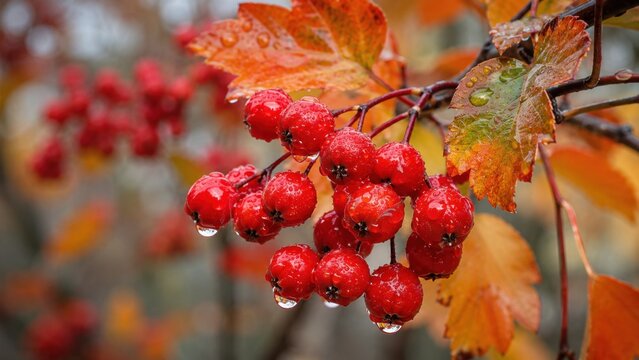 Bright red hawthorn berries with raindrops on autumn branch surrounded by colorful fall leaves