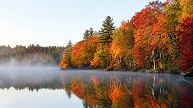Colorful autumn forest reflected on a calm misty lake during peaceful sunrise with clear blue sky