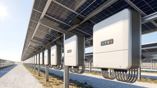 Solar energy inverters and panels at a power station