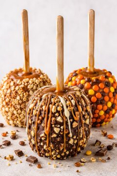 Chocolate caramel candy apples with crunchy toppings and festive autumn treats on bright background