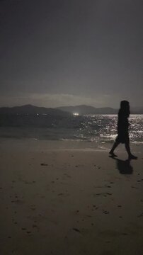 Silhouette of Person Walking on Beach at Night