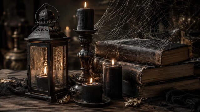 Halloween lantern with black candles antique books and cobwebs creating dark mystical gothic atmosphere