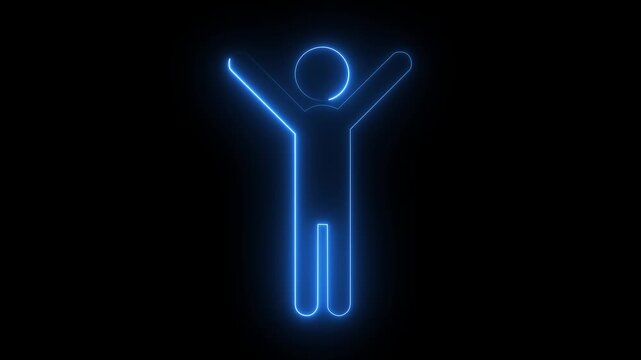 Glowing blue neon person arms up celebration icon outline freedom concept dark black background.