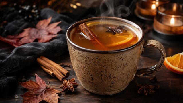 Steaming spiced autumn tea with orange cinnamon and star anise creating a cozy seasonal atmosphere