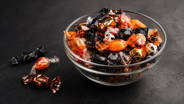 Halloween candy assortment in colorful wrappers with spooky ghost sweets in a glass bowl on dark background