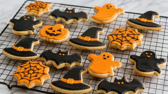 Halloween decorated sugar cookies with ghosts bats pumpkins hats and spiderweb icing on cooling rack