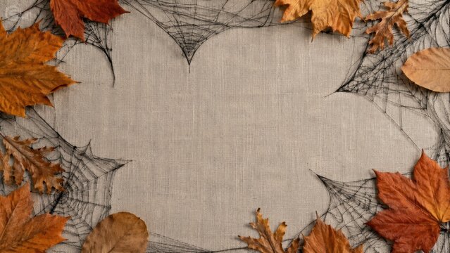 Halloween autumn leaf border with spider webs on linen fabric background and copy space for design