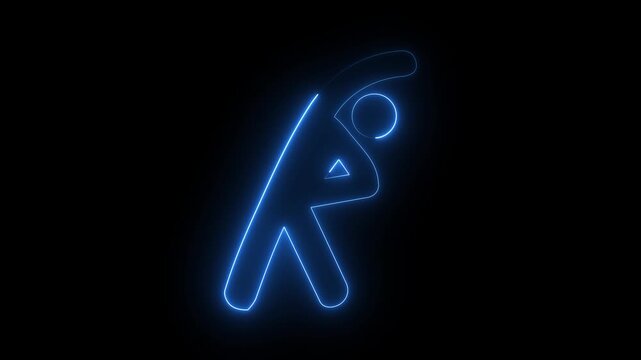 Glowing blue neon stretching person icon outline fitness exercise warmup sports dark background.