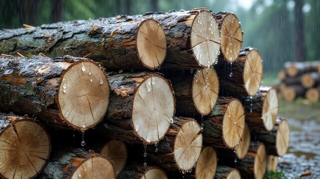 A close-up view of a large stack of wet, freshly cut logs during a light rain in the forest.