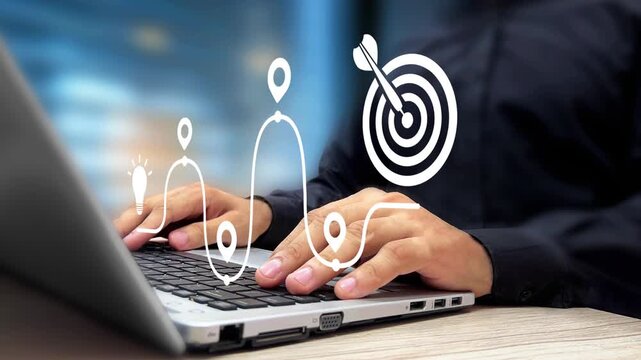 Designing Roadmap. Businessman Using Laptop to Design Step by Step Path to Success with Bullseye. Strategy, Planning, Goal Setting, Milestones, Growth Journey, Career Development, Progress Tracking.4K