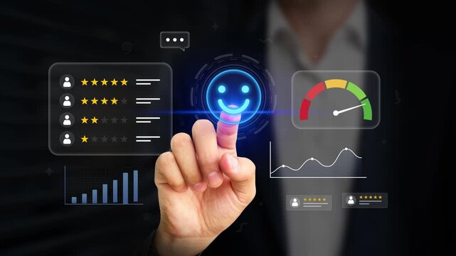 Customer Satisfaction Review. Feedback Evaluation, Sentiment Analysis. Person Sharing Experience and Rate Service on Virtual Screen. Smiley Face Interface,Analyzing User Feedback to Improve Experience