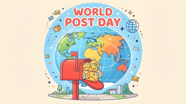 World post day celebration with a red mailbox in front of a stylized world map, featuring mail icons, parcels, and a paper plane, vector illustration