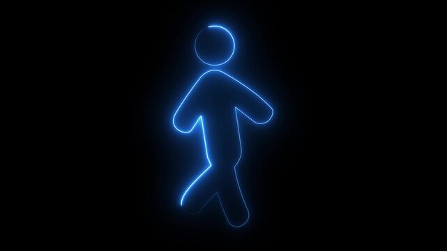 Glowing blue neon walking person icon outline pedestrian motion activity concept dark black background.
